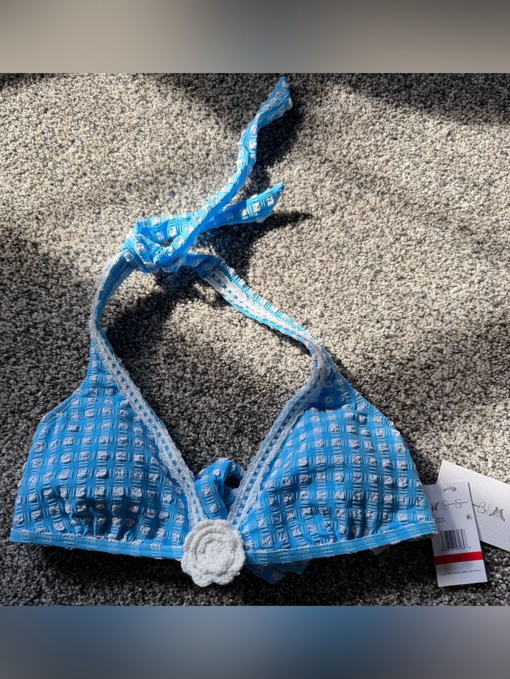 Blue / white crochet Accent Triangle Bikini Top